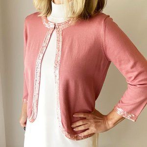 Kate Hill dusty rose sequin trim silk cardigan